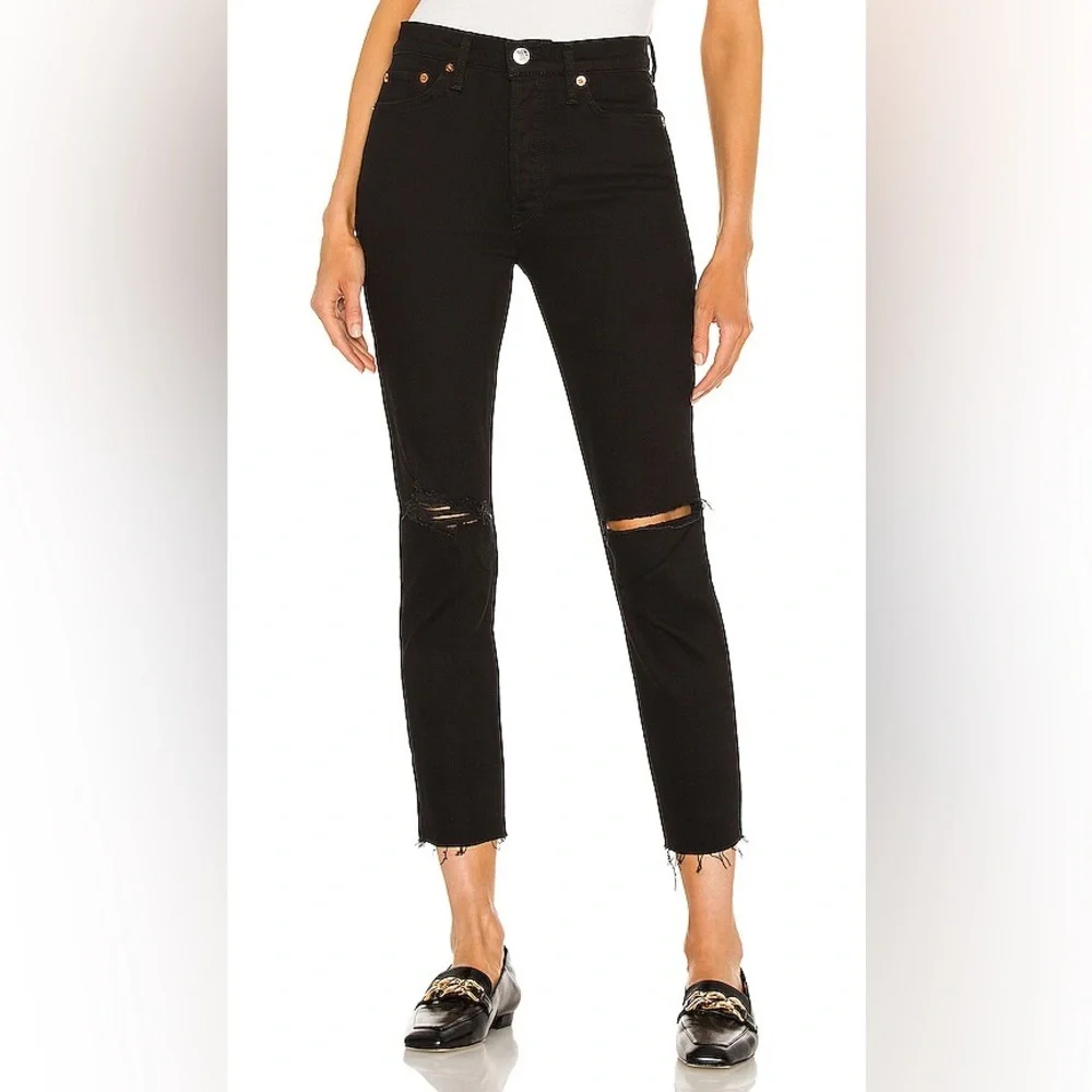 Re/Done Originals 90s High Rise Ankle Crop‎ Jet Black Ripped Size 25 Minimalist
